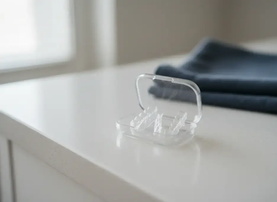 Open clear aligner case on a white quartz counter