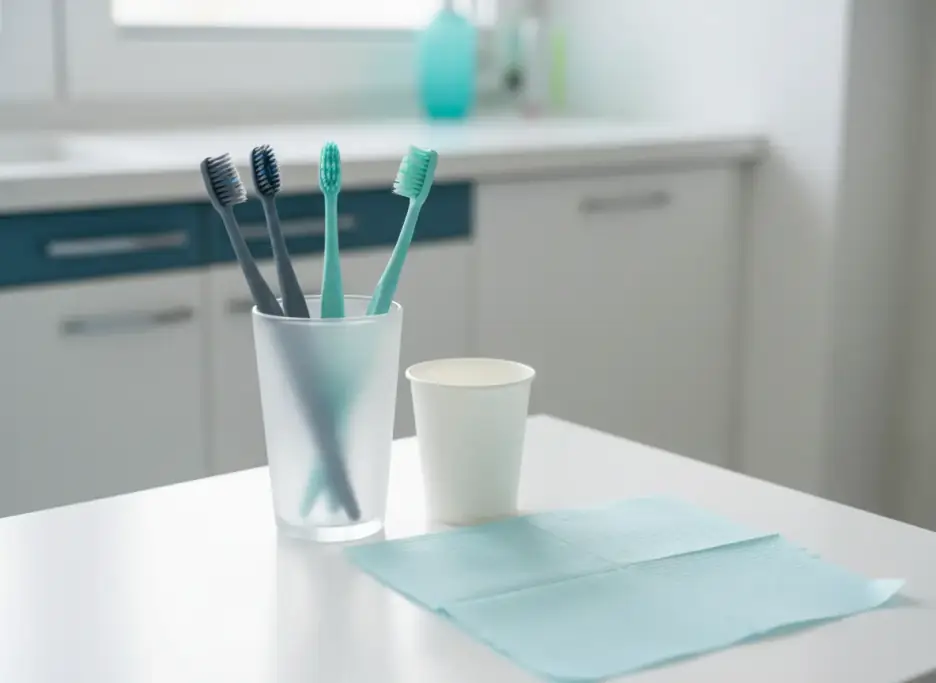 New toothbrushes in a frosted cup beside a paper cup and a pale blue bib